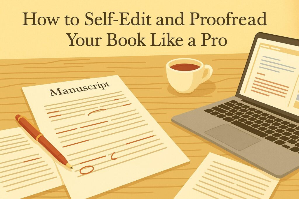A writer’s desk with a laptop, printed manuscript pages, red-marked corrections, and a pen, symbolizing the detailed work of self-editing and proofreading a book. The scene reflects precision, focus, and professional refinement.