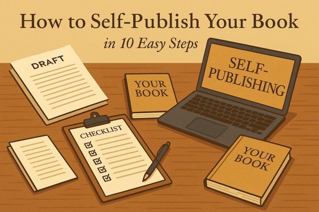 A self-publishing workspace with a laptop, checklist, book mockups, and draft pages spread across the desk, symbolizing the step-by-step process of publishing a book independently. The scene reflects organization, creativity, and practical action.