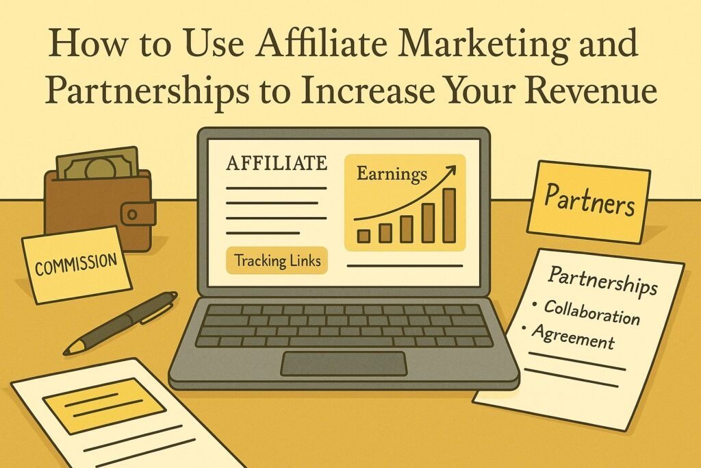 A digital workspace with a laptop showing affiliate dashboards, tracking links, and partnership notes, symbolizing the use of affiliate marketing and collaborations to increase revenue. The scene reflects strategy, connection, and steady income growth.