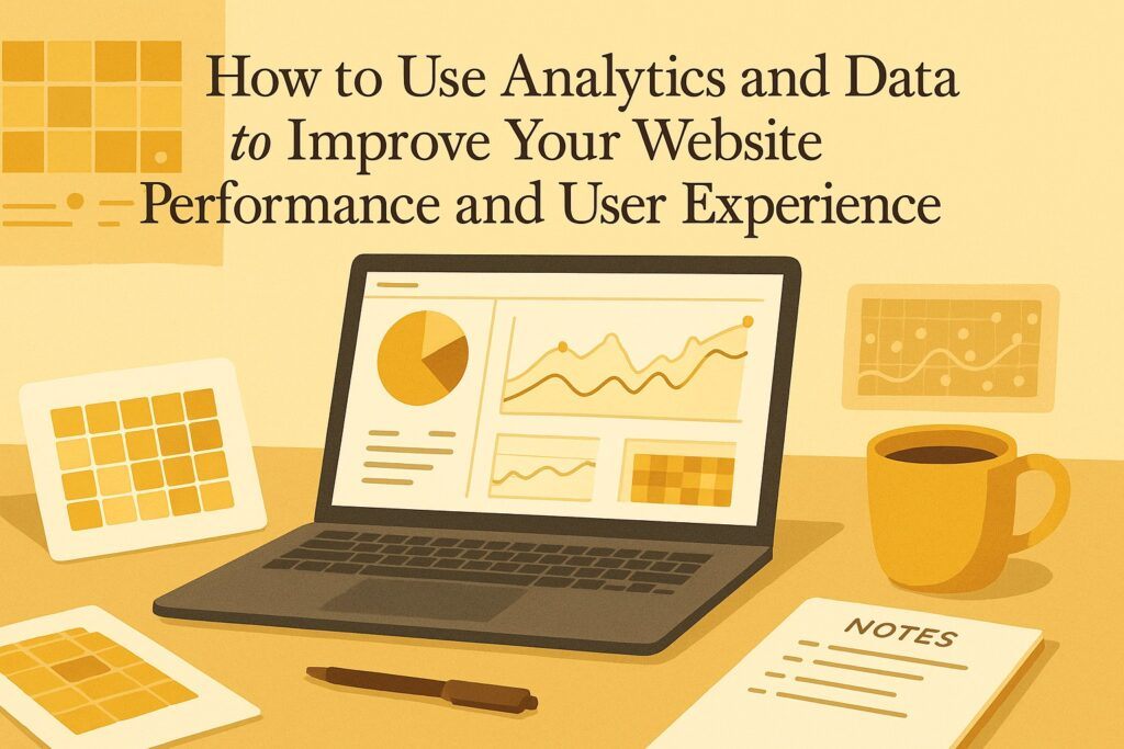 A digital workspace with a laptop displaying analytics charts, heatmaps, and user behavior graphs, symbolizing the use of data to improve website performance and user experience. The scene reflects analysis, clarity, and strategic optimization.
