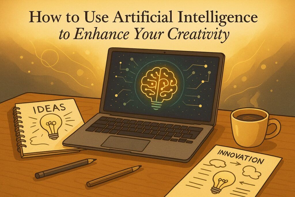 A creative digital workspace with a laptop, glowing AI interface, and brainstorming sketches, symbolizing how artificial intelligence can support and expand human creativity. The scene reflects innovation, imagination, and tech-supported inspiration.
