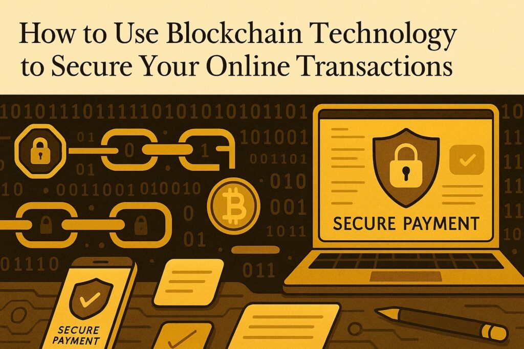 A digital interface with blockchain chains, encrypted symbols, and a secure payment icon, symbolizing how blockchain technology protects online transactions. The scene reflects transparency, security, and modern digital trust.