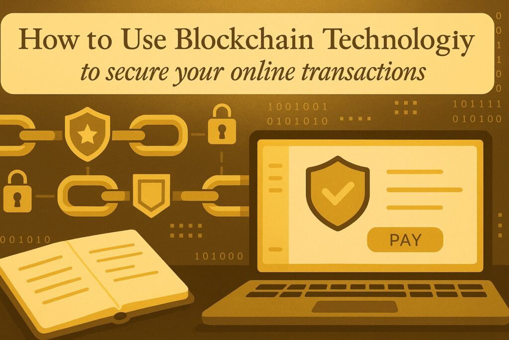 A digital interface with blockchain chains, encrypted symbols, and a secure payment icon, representing how blockchain technology protects online transactions. The scene reflects security, transparency, and modern digital trust.