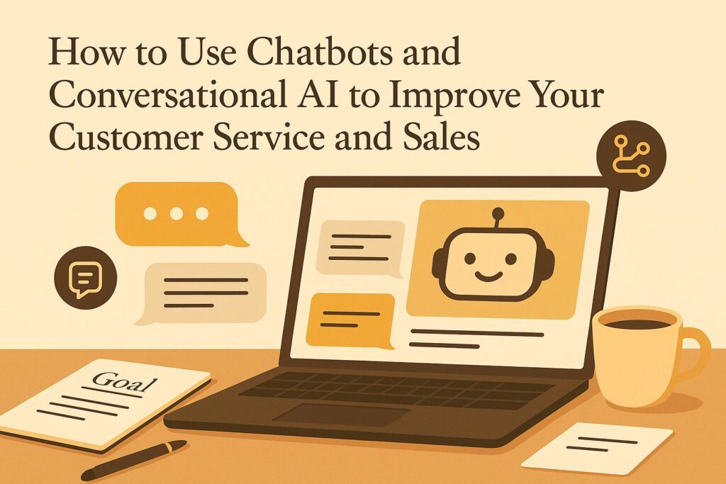 A digital interface with a laptop screen showing chatbot conversations, message bubbles, and AI icons, symbolizing the use of chatbots and conversational AI to improve customer service and sales. The scene reflects automation, clarity, and real-time support.