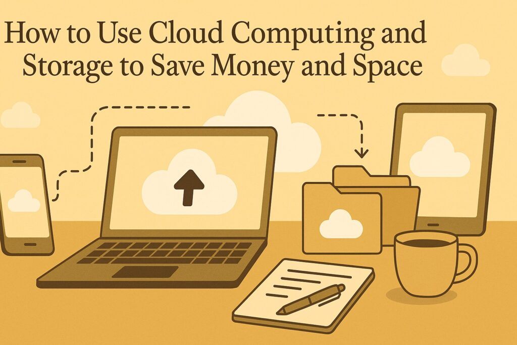 A clean digital workspace with a laptop, cloud icons, file folders, and synced devices, symbolizing how cloud computing and storage help users save money and physical space. The scene reflects efficiency, organization, and modern digital access.