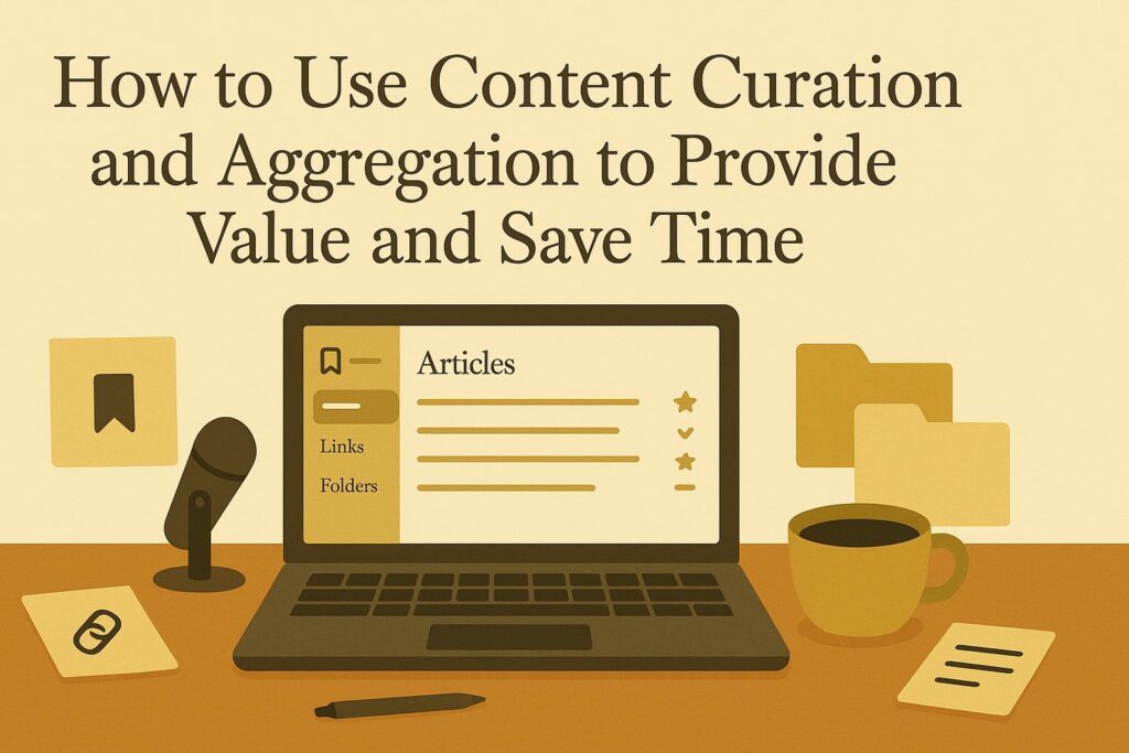 A digital workspace with a laptop displaying curated article lists, bookmarked links, and organized folders, symbolizing the use of content curation and aggregation to deliver value while saving time. The scene reflects efficiency, clarity, and smart content management.