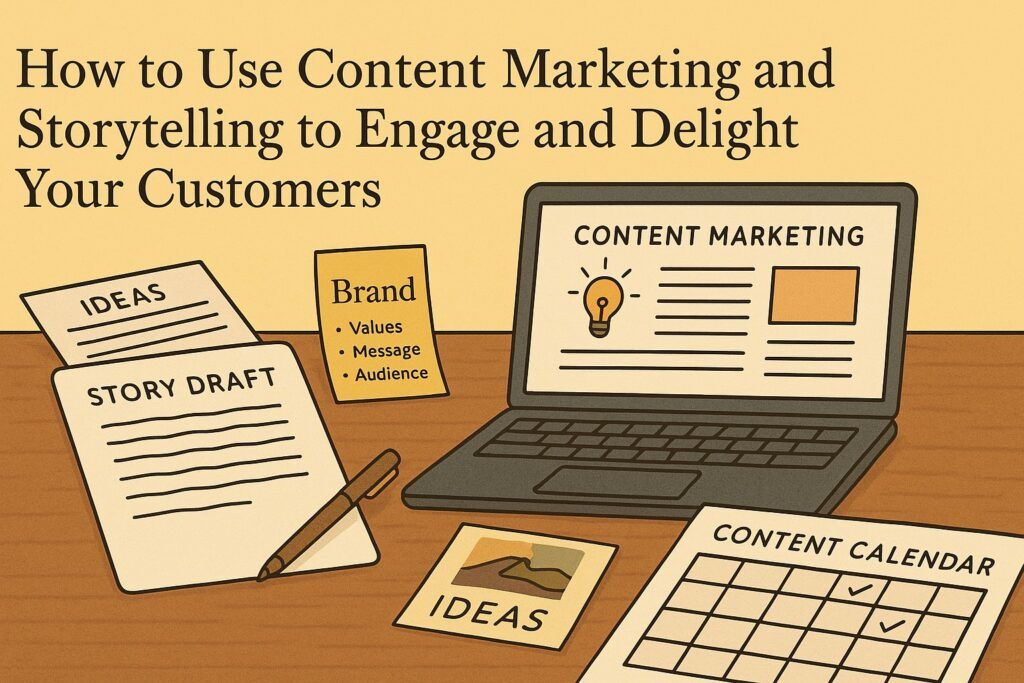 A creative workspace with a laptop, story drafts, brand notes, and a content calendar, symbolizing the use of content marketing and storytelling to engage and delight customers. The scene reflects connection, clarity, and purposeful communication.
