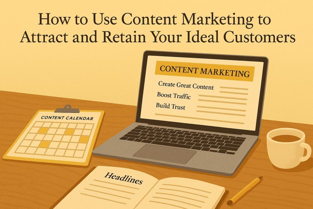 A digital workspace with a laptop, a content calendar, and drafted headlines, symbolizing the use of content marketing to attract and retain ideal customers. The scene reflects planning, clarity, and strategic communication.
