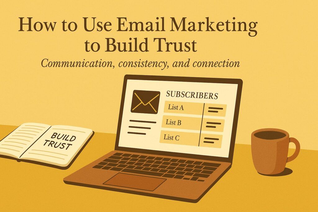 A laptop screen displaying an email dashboard with organized subscriber lists, alongside a notebook and a cup of coffee, symbolizing the use of email marketing to build customer trust and loyalty. The scene reflects communication, consistency, and connection.