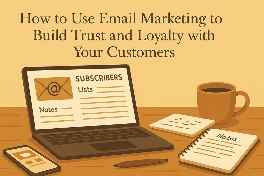 A laptop displaying an email dashboard with organized subscriber lists, alongside a notebook and a cup of coffee, symbolizing the use of email marketing to build trust and customer loyalty. The scene reflects communication, consistency, and relationship-building.