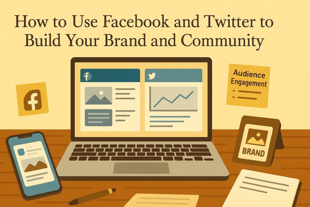 A digital workspace with a laptop displaying Facebook and Twitter dashboards, along with notes on audience engagement and branded visuals, symbolizing the use of social platforms to build a brand and community. The scene reflects communication, connection, and strategic presence.