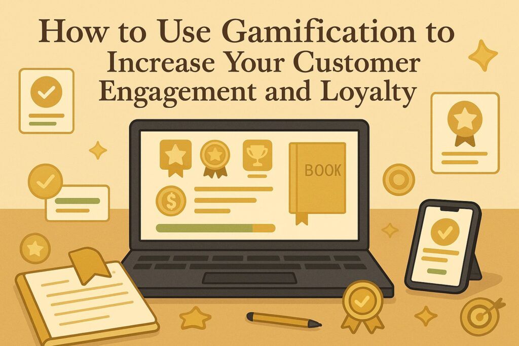 A digital workspace with a laptop showing badges, progress bars, and reward icons, symbolizing the use of gamification to increase customer engagement and loyalty. The scene reflects motivation, interaction, and playful strategy.