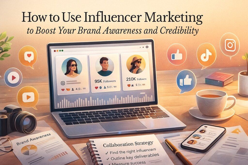 A digital workspace with a laptop, social media icons, influencer profiles, and collaboration notes, symbolizing the use of influencer marketing to grow brand awareness and credibility. The scene reflects connection, strategy, and digital visibility.
