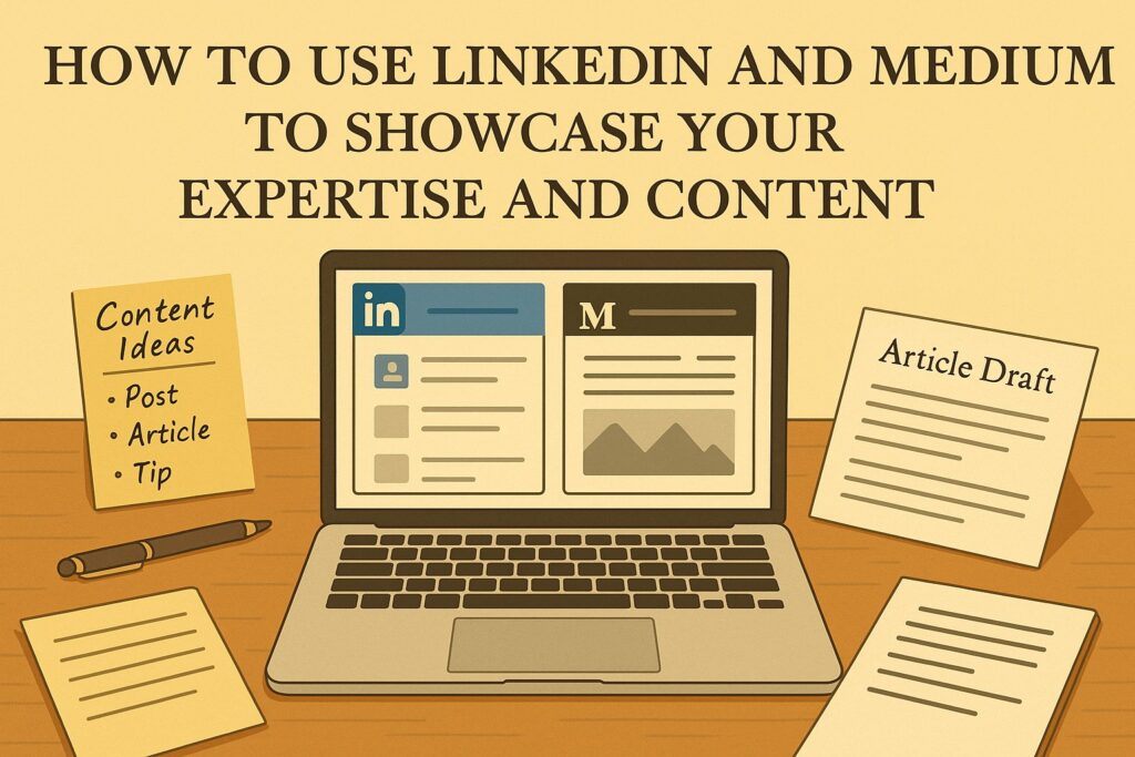 A digital workspace with a laptop displaying LinkedIn and Medium dashboards, alongside notes on content ideas and a polished article draft, symbolizing the process of showcasing expertise through professional platforms. The scene reflects clarity, authority, and purposeful publishing.