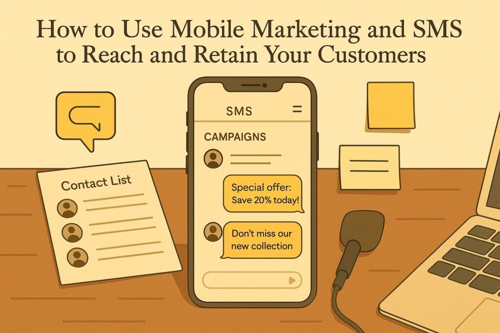A digital workspace with a smartphone displaying SMS campaigns, contact lists, and short marketing messages, symbolizing the use of mobile marketing to reach and retain customers. The scene reflects immediacy, clarity, and direct communication.