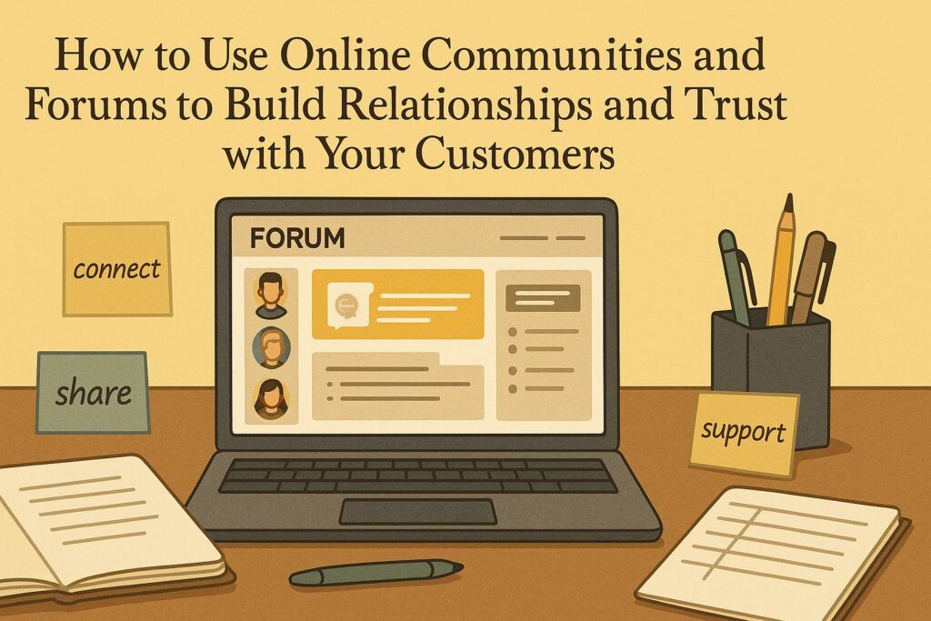 A digital workspace with a laptop showing an online forum, user profiles, and discussion threads, symbolizing how online communities help businesses build relationships and trust with customers. The scene reflects connection, conversation, and shared support.