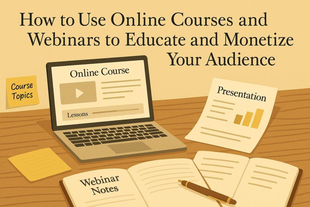 A teaching-focused digital workspace with a laptop displaying an online course platform, presentation slides, and webinar notes, symbolizing the use of online courses and webinars to educate and monetize an audience. The scene reflects learning, clarity, and structured delivery.