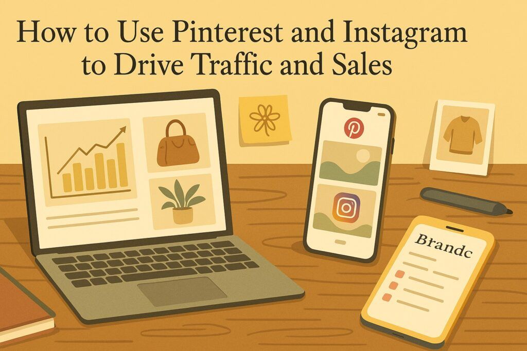 A digital workspace with a smartphone displaying Pinterest and Instagram feeds, alongside a laptop showing analytics and product images, symbolizing the use of visual platforms to drive traffic and sales. The scene reflects creativity, strategy, and visual marketing.
