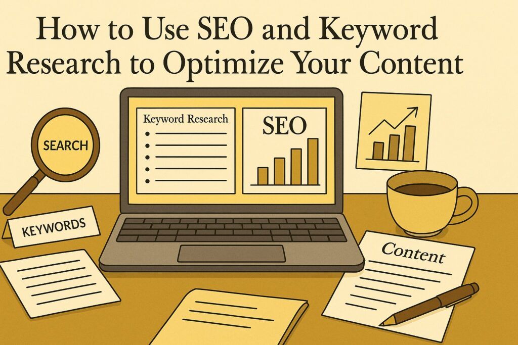 A digital workspace with a laptop showing keyword research tools, SEO charts, and content drafts, symbolizing the process of optimizing content through SEO and targeted keywords. The scene reflects clarity, strategy, and organized planning.