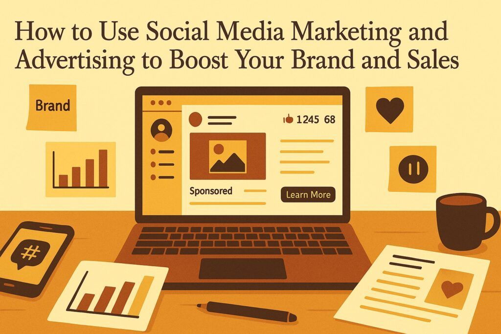 A digital workspace with a laptop displaying social media ads, engagement charts, and branded content previews, symbolizing the use of social media marketing and advertising to grow brand visibility and sales. The scene reflects strategy, creativity, and targeted promotion.