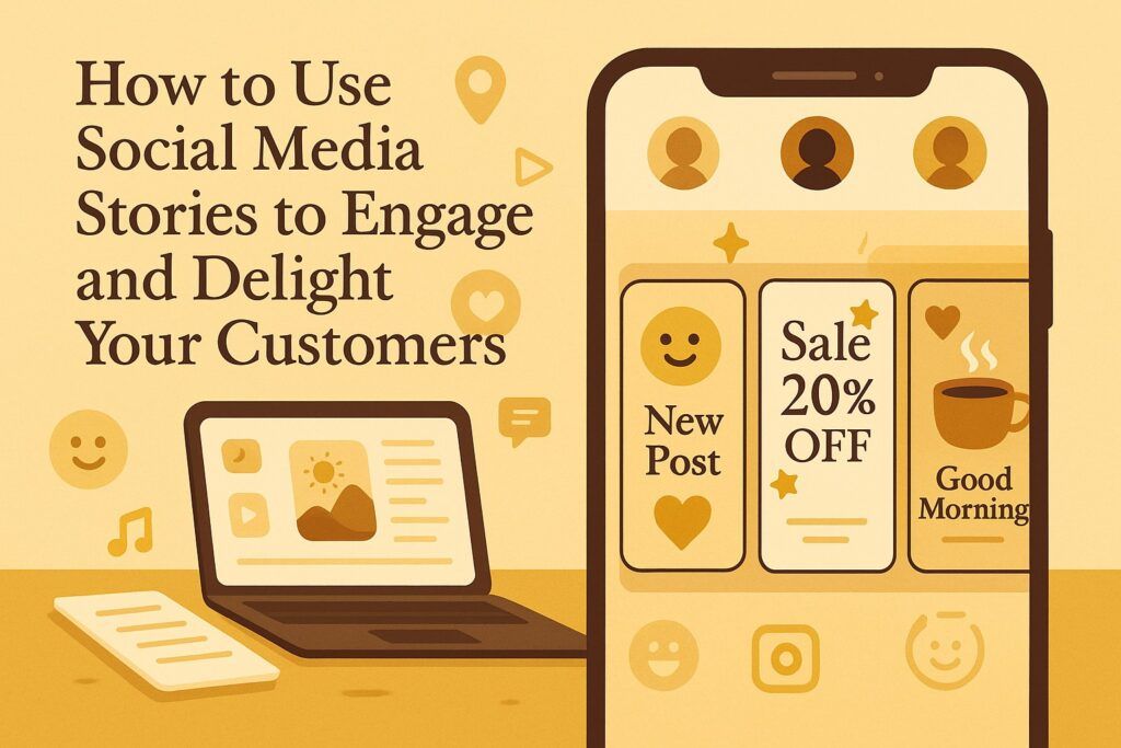 A smartphone screen displaying social media story frames with icons, stickers, and short captions, symbolizing the use of Stories to engage and delight customers. The scene reflects creativity, connection, and quick visual communication.