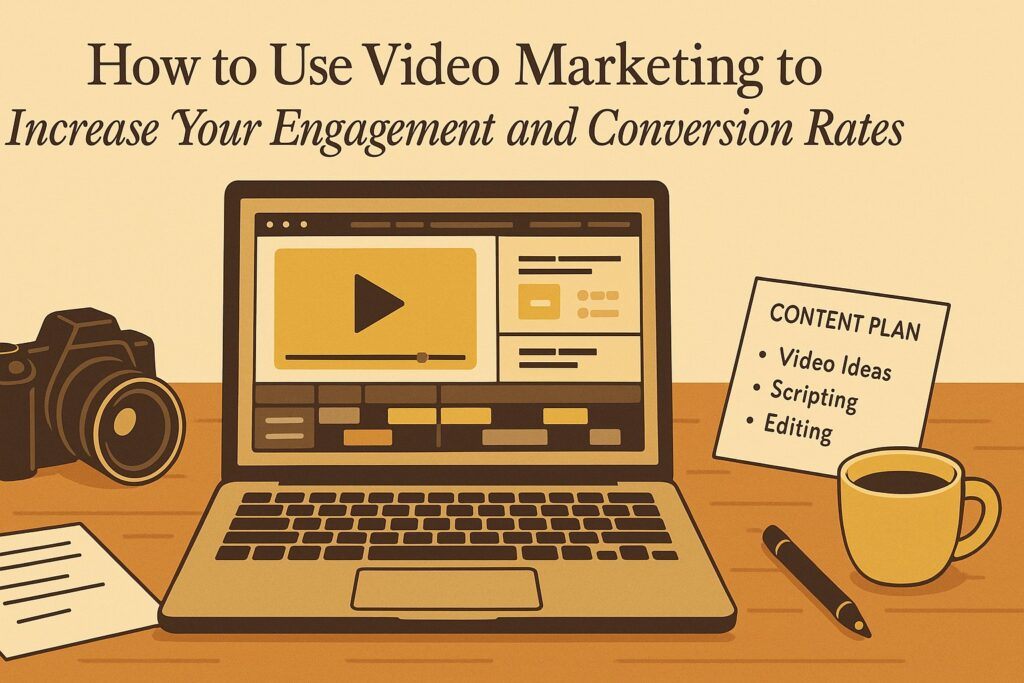 A digital workspace with a laptop showing a video editing timeline, a camera beside it, and notes outlining a content plan, symbolizing the use of video marketing to increase engagement and conversions. The scene reflects creativity, strategy, and audience connection.