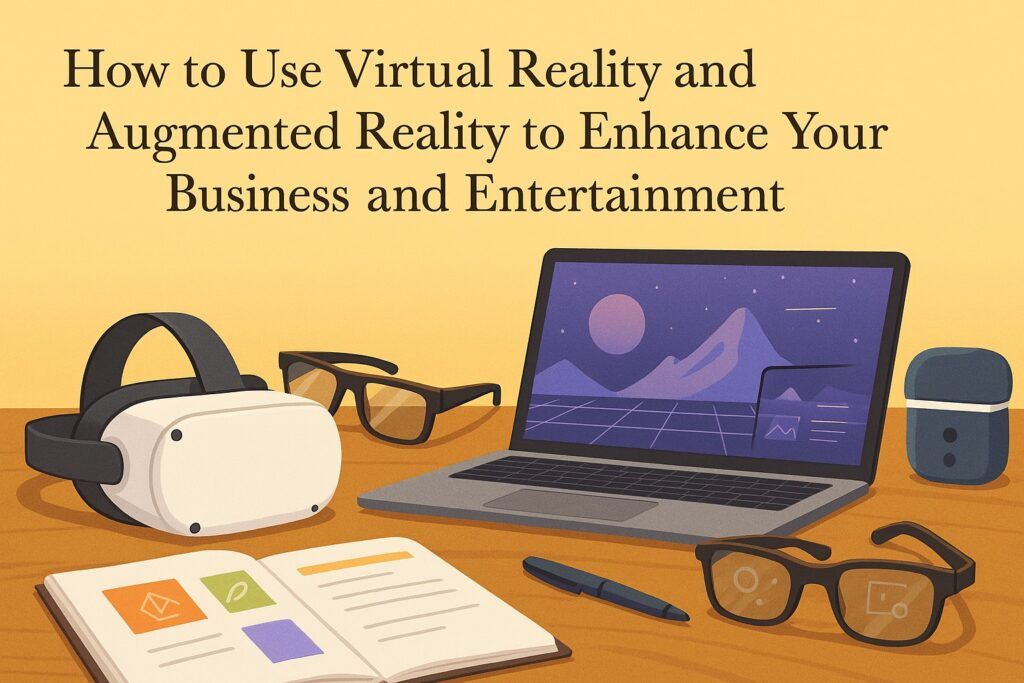 A modern tech setup with a VR headset, AR glasses, and a laptop displaying immersive digital scenes, symbolizing how virtual reality and augmented reality can enhance business and entertainment. The scene reflects immersion, interaction, and forward-looking innovation.