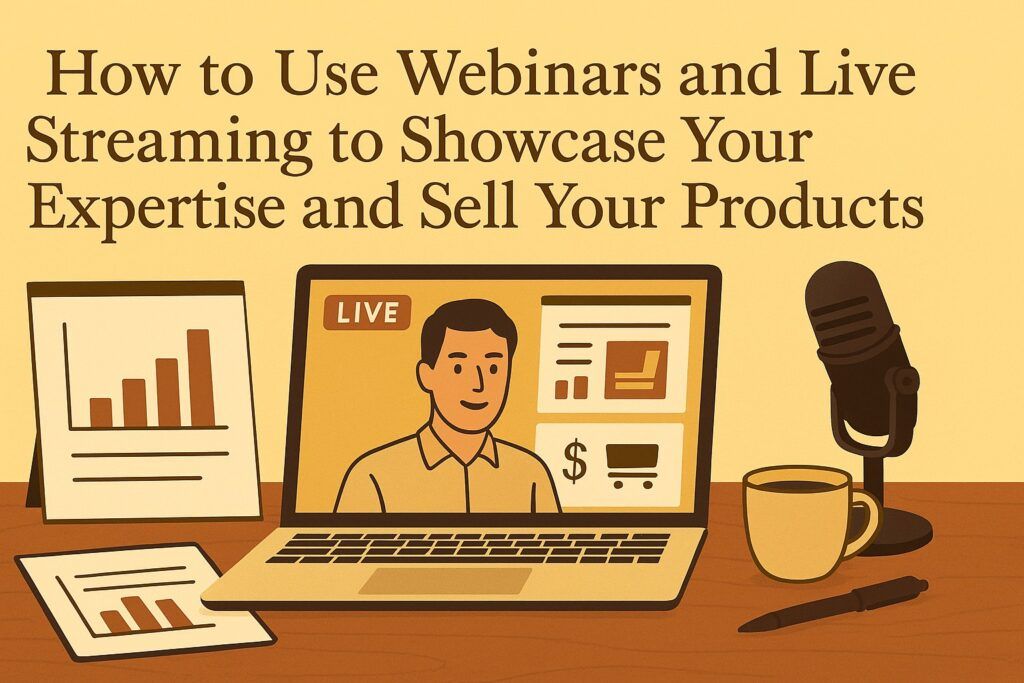 A professional digital setup with a laptop showing a live streaming interface, a microphone, and presentation slides, symbolizing the use of webinars and live streams to share expertise and sell products. The scene reflects teaching, clarity, and real-time engagement.