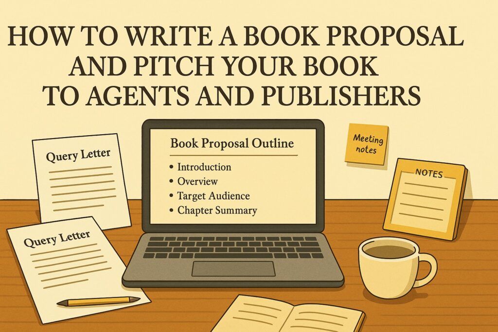 A writer’s desk with a laptop, book proposal outline, query letter draft, and neatly organized notes, symbolizing the process of preparing a book proposal and pitching it to agents and publishers. The scene reflects structure, clarity, and professional preparation.