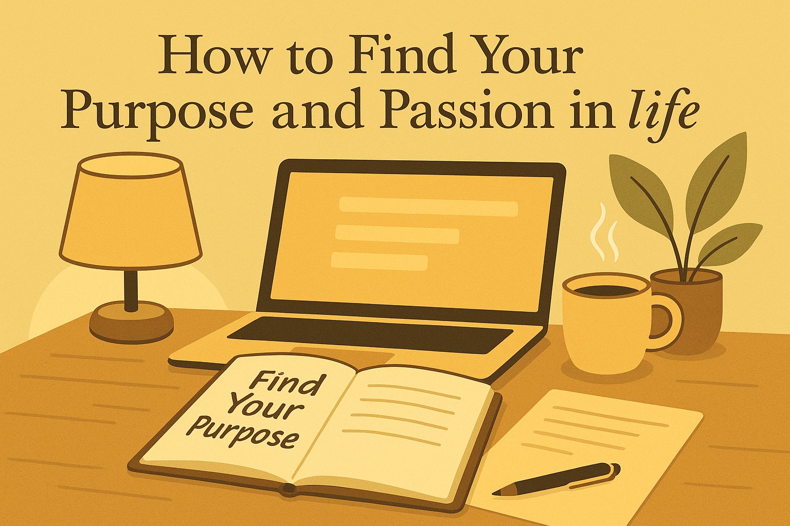 A peaceful desk with a journal, warm light, and a cup of tea, symbolizing the quiet inner work of discovering purpose and passion in life. The scene reflects reflection, clarity, and personal direction.