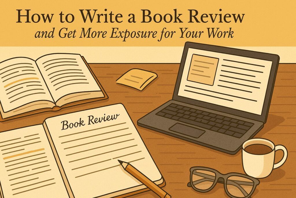 A writer’s desk with a laptop, open notebook, and marked-up book pages, symbolizing the process of writing a thoughtful book review to gain more exposure. The scene reflects clarity, reflection, and strategic sharing.