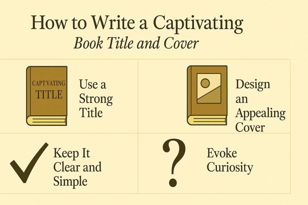 A designer’s desk with a laptop, colorful book cover drafts, and notes on title ideas, symbolizing the creative process of crafting a captivating book title and cover. The scene shows imagination, clarity, and strong visual planning.