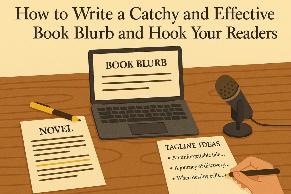 A writer’s desk with a laptop, book draft, highlighted notes, and short tagline ideas, symbolizing the process of crafting a catchy and effective book blurb. The scene reflects creativity, clarity, and persuasive storytelling.