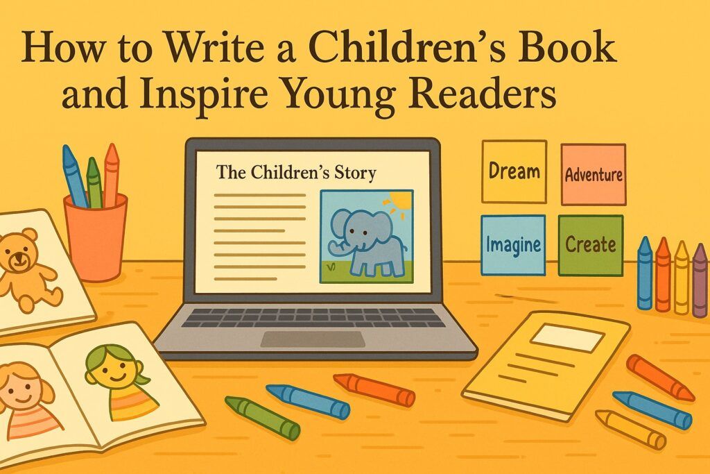 A colorful creative desk with sketchbooks, illustrated characters, crayons, and a laptop displaying a draft children’s story, symbolizing the process of writing a children’s book. The scene reflects imagination, warmth, and child-centered storytelling.