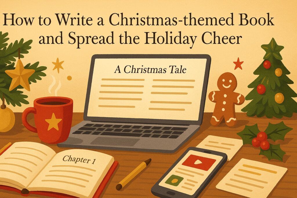 A cozy holiday-themed writing desk with Christmas decorations, a warm mug, open notebook, and a laptop displaying a festive book draft, symbolizing the process of writing a Christmas-themed book. The scene reflects joy, storytelling, and holiday inspiration.