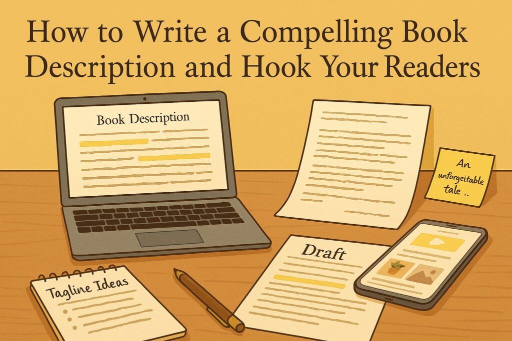 A writer’s desk with a laptop, highlighted notes, draft paragraphs, and tagline ideas, symbolizing the process of crafting a compelling book description that hooks readers. The scene reflects clarity, persuasion, and strong storytelling.