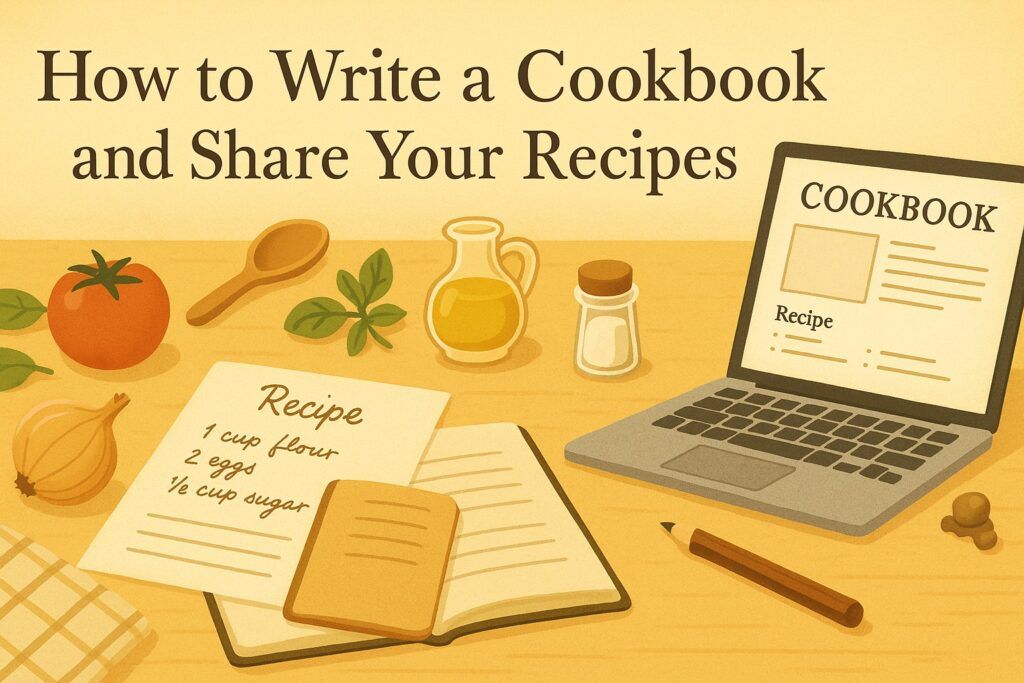 A cozy kitchen-style workspace with handwritten recipes, fresh ingredients, cooking utensils, and a laptop displaying a draft layout, symbolizing the process of writing a cookbook. The scene reflects warmth, creativity, and practical recipe development.
