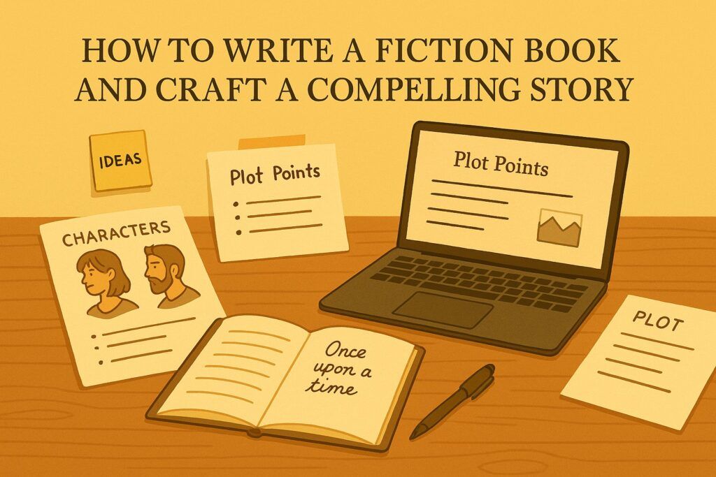 A writer’s desk with a laptop, character sketches, plot notes, and an open notebook, symbolizing the process of writing a fiction book and crafting a compelling story. The scene reflects imagination, structure, and creative flow.