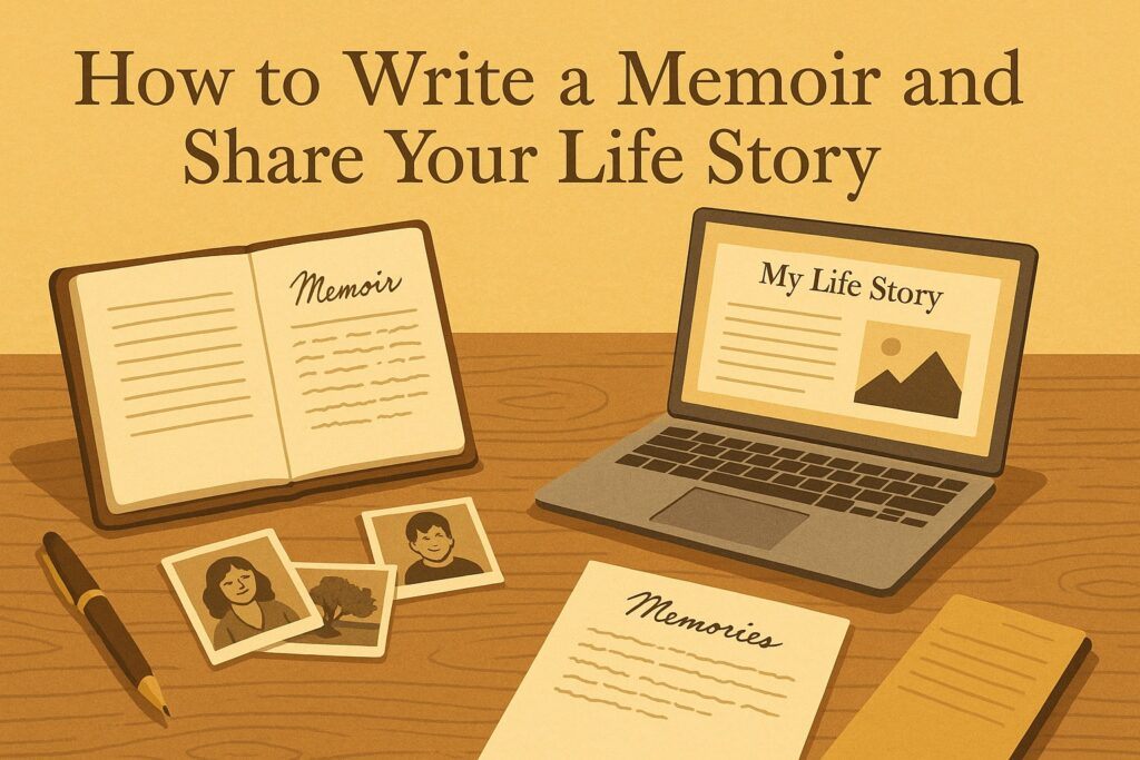 A reflective writing desk with a journal, old photographs, a laptop, and handwritten memories, symbolizing the process of writing a memoir and sharing a life story. The scene reflects honesty, reflection, and personal truth.