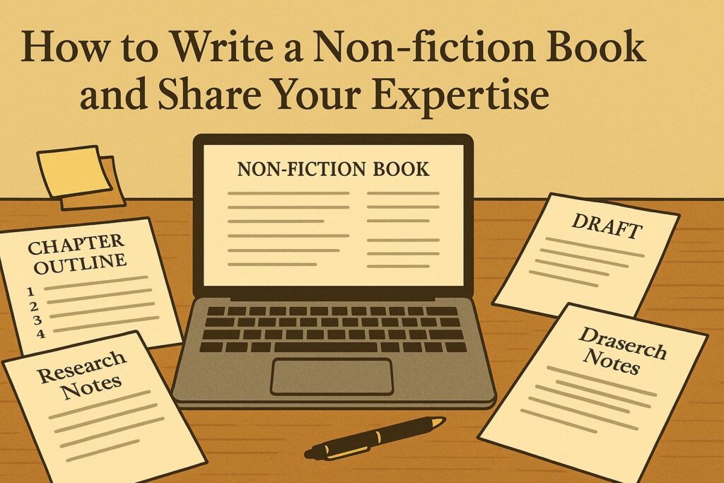 A writer’s desk with a laptop, structured chapter outlines, research notes, and a draft manuscript, symbolizing the process of writing a non-fiction book to share expertise. The scene reflects clarity, knowledge, and thoughtful organization.