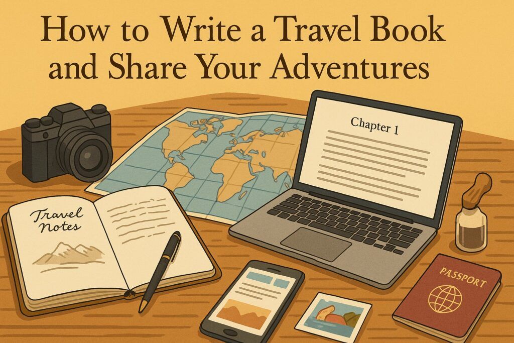 A travel-themed writing desk with a journal, map, passport, camera, and a laptop displaying a draft travel chapter, symbolizing the process of writing a travel book and sharing your adventures. The scene reflects exploration, storytelling, and lived experience.