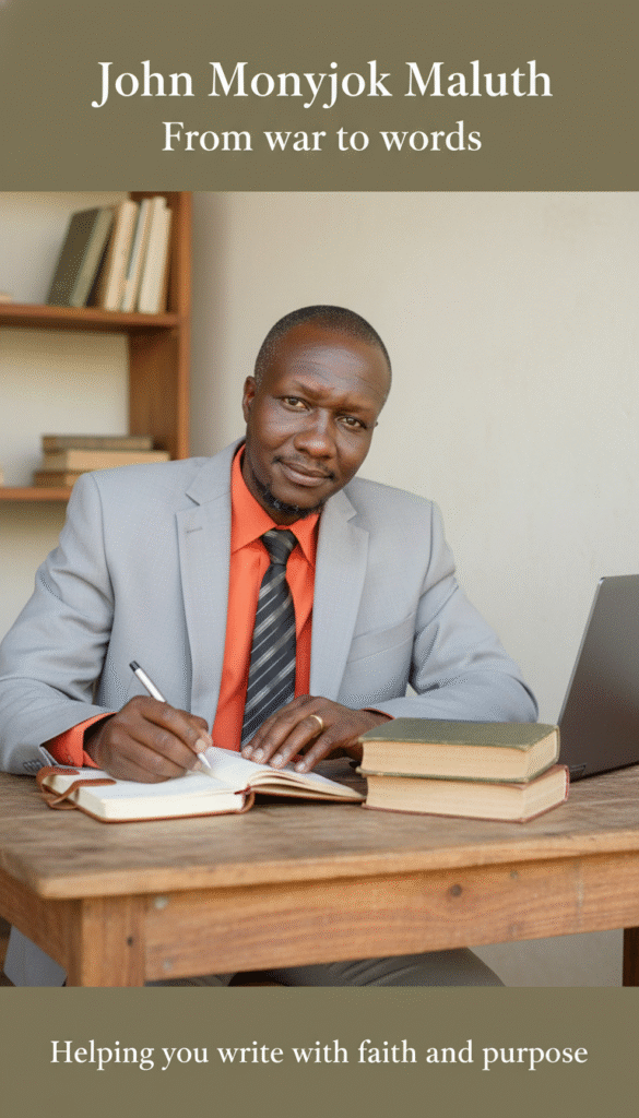 John Monyjok Maluth seated at a desk, writing with a pen on paper while wearing his grey suit, symbolizing focused work, discipline, and thoughtful creation.