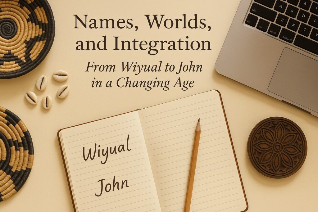 A reflective scene with a notebook, traditional cultural symbols, and a modern workspace, symbolizing the journey from Wiyual to John and the integration of identity across changing worlds.