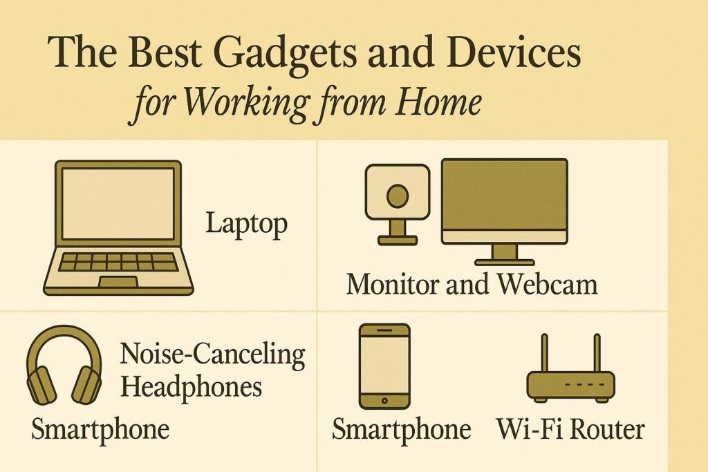A modern home office setup with a laptop, wireless headphones, a tablet, and a sleek desk lamp, symbolizing the essential gadgets that support productive work from home. The scene reflects comfort, technology, and efficiency.