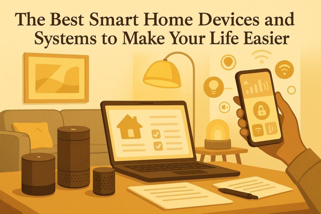 A modern living room setup with smart speakers, automated lighting, and a smartphone displaying a home control app, symbolizing the convenience of smart home devices and systems. The scene reflects simplicity, automation, and everyday ease.