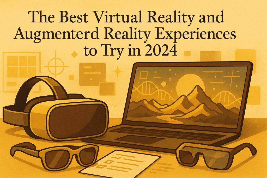 A futuristic setup with a VR headset, AR glasses, and a digital landscape displayed on a screen, symbolizing the immersive virtual and augmented reality experiences available in 2024. The scene reflects innovation, exploration, and next-level interaction.