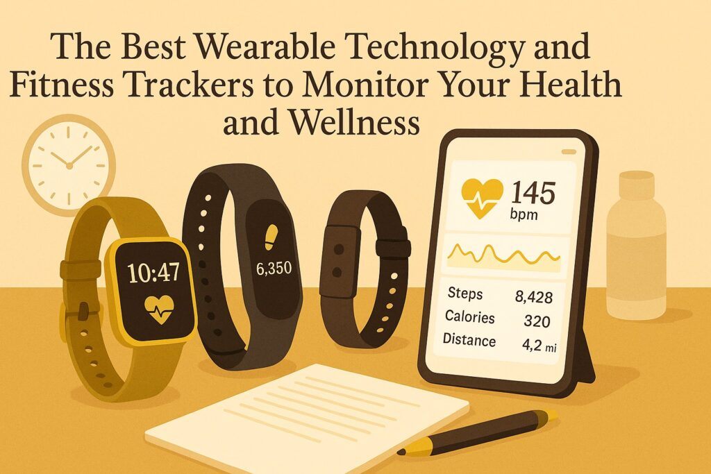 A clean fitness-focused workspace with smartwatches, fitness bands, and a smartphone app displaying health metrics, symbolizing the role of wearable technology in tracking wellness. The scene reflects activity, monitoring, and everyday health awareness.