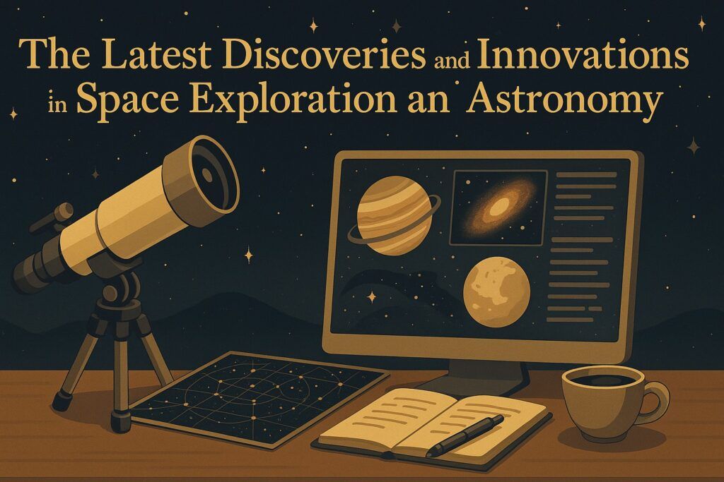 A futuristic space scene with a telescope, star maps, and images of planets and galaxies on a digital screen, symbolizing the newest discoveries and innovations in space exploration and astronomy. The scene reflects curiosity, discovery, and advanced scientific progress.