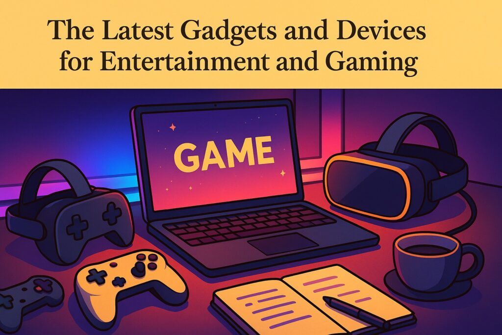 A modern gaming setup with wireless controllers, a gaming laptop, VR headset, and colorful LED lighting, symbolizing the newest gadgets and devices for entertainment and gaming. The scene reflects immersion, excitement, and high-tech play.