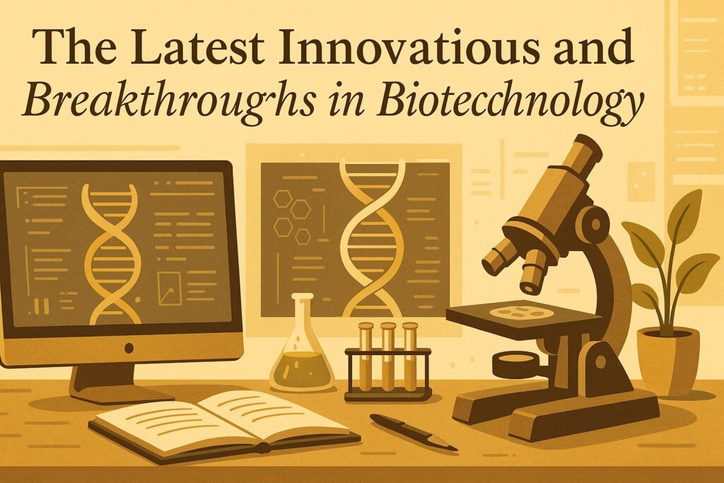 A futuristic lab setting with digital screens, DNA strands, and advanced scientific tools, symbolizing the newest innovations and breakthroughs in biotechnology. The scene reflects discovery, precision, and cutting-edge research.